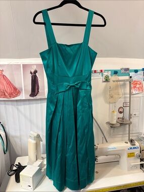 Emily and Fin Emerald Satin A-Line Dress with Bow Waist